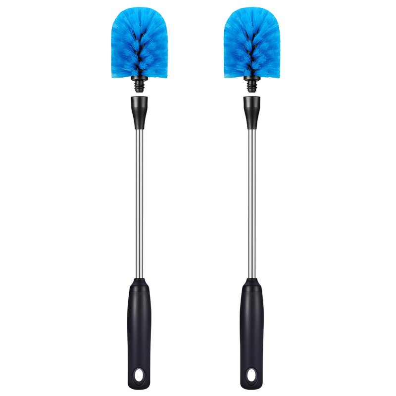MOSOLAN Stainless Steel Bottle Brush with Replaceable Head, 2 Pack Long Handle Scrubbing Brush for Water Bottles, Glasswares, Mugs, Flasks, Tumblers, Vases, and Kitchen Sink, Blue, 15 in