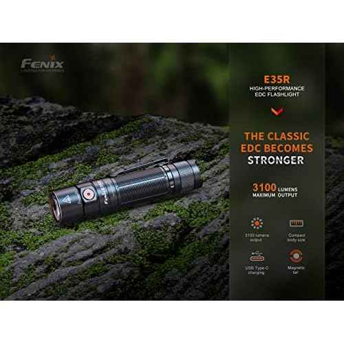 Fenix E35R 3100 Lumen USB Rechargeable LED Compact EDC Flashlight, Battery EdisonBright Accessory case Bundle