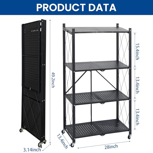 4 Tier Foldable Storage Shelf with Wheels, Collapsible Metal Rack Shelving Unit, No Assembly Required, Rolling Cart Shelf Rack Organizer for Books, Garage, Kitchen, Closet, Pantry, Exhibition, Black - size: 4-Tier