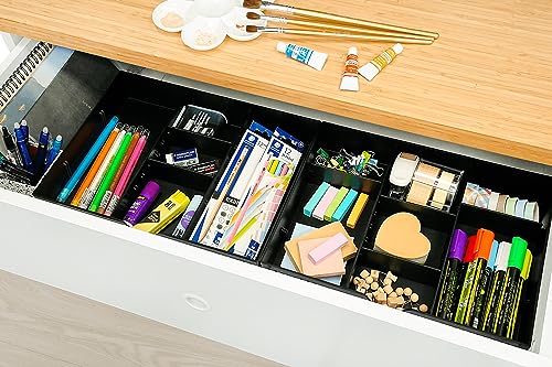 CAXXA 3 Slot Drawer Organizer with 4 Adjustable Dividers - Junk Drawer Storage for Office Desk Supplies and Accessories, Black (1 Pack)