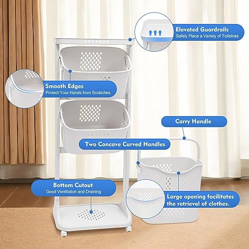 Laundry Basket, 3 Tiers Storage Basket Plastic Clothes Hamper Movable Clothes Hamper Bathroom Hampers With Wheels,Portable Freestanding Dirty For Laundry Room Organization