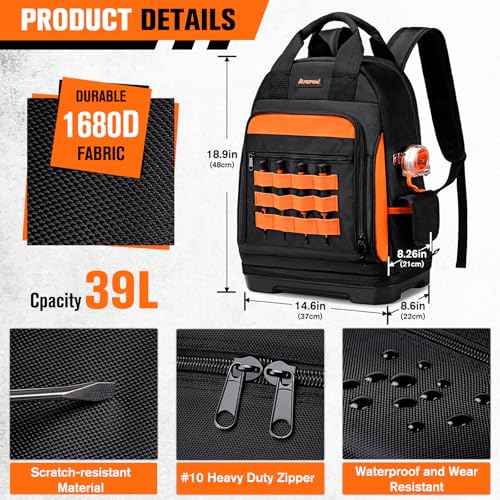Tool Backpack Heavy Duty for Men Women, 77 Pockets Water-resistant Hvac Tool Bag Backpack Organizer with Waterproof Molded Base, 1680D, Durable Multi-Use Pocket for Electrician Construction