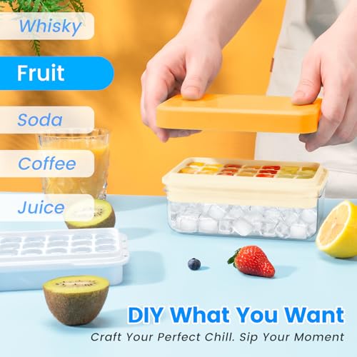 PHINOX Ice Cube Tray with Lid and Bin, 3 Pack Plastic Ice Cube Tray Molds, 84 pcs Ice Trays for freezer, Chilling Drinks, Whiskey & Cocktails, with Ice Container and Ice Scoop, BPA-Free - color: Yellow, size: 0.8"-3tier