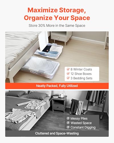 VEVOR Under Bed Storage with Wheels, 39.8 x 20.1 x 5.9 inch Underbed Containers, Underbed Shoes Organizer with Lid & Gray Latch, Rolling Under the Bed Storage Bins for Clothes Shoes Blankets, 2 Pack