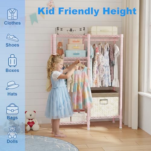 Ulif F1 Clothes Rack for Kids, Baby, Students, and Children's Room, 4 Tiers Portable Metal Closet Clothing Rack, Small Garment Rack with 2 Hanging Rod, 31.2" W x 11.8" D x 48" H, Pink - color: Pink