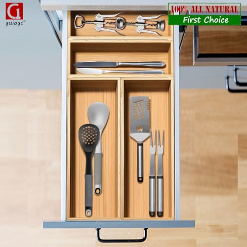 guiogc Bamboo Drawer Silverware Organizer, Flatware Organizer, Bamboo Storage Box for Office, Bathroom and other objects storage (large14.2 x5 x2 Small 9.85"x3.55"x1.78"- Set of 4) - size: 14.2" x 5" x 2" & 9.85" x 3.55" x 1.78"