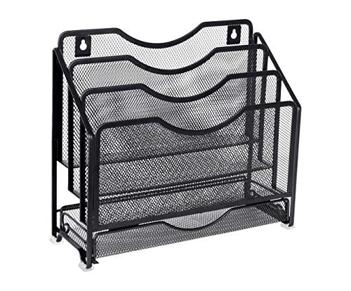 EasyPAG Mesh Desk Paper Organizer Wall Hanging File Holder with 3 Upright File Organizer and Sliding Drawer,Black - color: Black