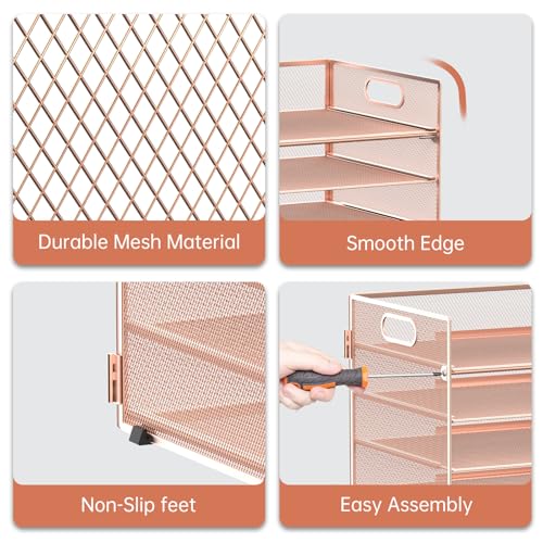 7 Tier Paper Organizer - Mesh Desktop File Holder with Handles for Office School Desk (Rose Gold) - color: Rose gold