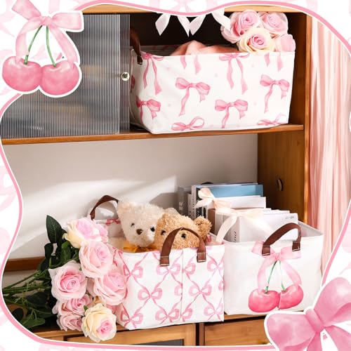 Boao 3 Pcs Coquette Pink Bow Storage Bin Collapsible Large Storage Baskets for Gifts Empty Candy Holiday Decor Canvas Laundry Basket Foldable Box with Handle for Office Home Bedroom Clothes - style: Bow and Cherry
