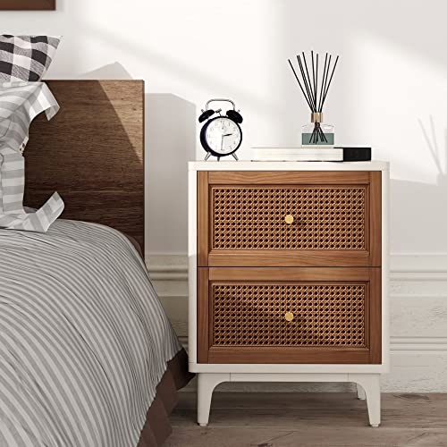 COZAYH Fully-Assembled 2-Drawer Woven Cane Front Accent Nightstand with Brass Knobs, Distressed White - color: Distressed White, style: 2 Drawer/1 pack