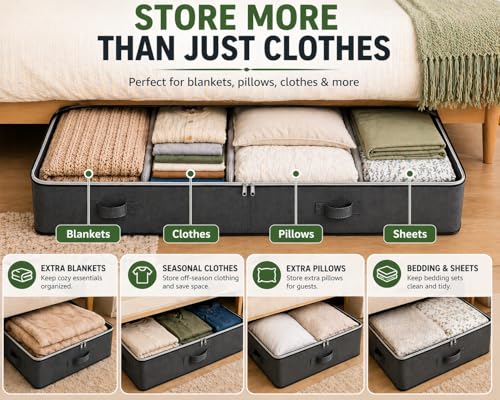 Under Bed Storage Containers 90L set 4 bags, Closet Organizers and Storage Bins, Foldable Underbed Storage Bags for Wrapping Paper, Blanket, Clothing, Comforter, Sweaters, Pillows, Linen Sheets, Grey