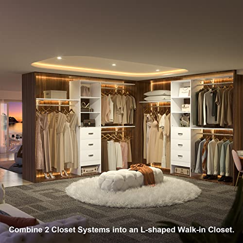 8FT Closet System, 96'' Closet Organizer System with 3 Hanging Rods, Wall Mount Bedroom Wardrobe with 3 Drawers Walk-in Closet, Adjustable Cloth Garment Rack from 5 to 8FT (Cut to Fit), White - color: White
