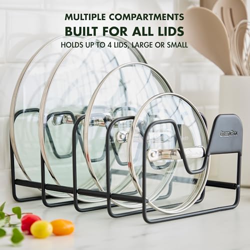 GreenPan Stainless Steel Wire Pots and Pans Lid Storage Rack, Holds 4 Lid Covers, Easy Storage, Countertop or Cabinent Organizer, Minimizes Clutter, Fast Drying, Wipes Clean, Black - size: Lid Storage Rack