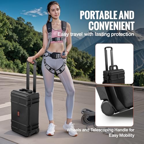 VEVOR Weatherproof Hard Case, Heavy Duty Protective Dry Box with Pre-Cut Foam, Wheels & Retractable Pull Handle for Travel, Hunt, Military, Tactical, IP67 Waterproof Case for Cameras (64x51x25)