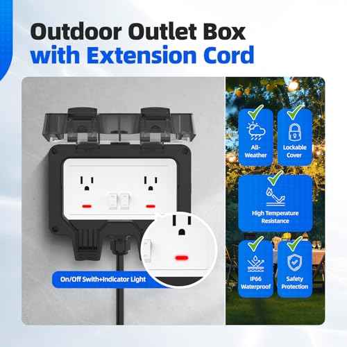 Outdoor Outlet Box with 32.8Ft Extension Cord, NEMA 5-15R, STW 14 AWG,IP66 Waterproof Power Outlet Extender with On/Off Switch & LED Indicator for Garden Yards& Outdoor Activity