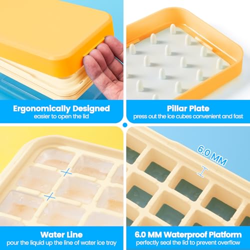 PHINOX Ice Cube Tray with Lid and Bin, 3 Pack Plastic Ice Cube Tray Molds, 84 pcs Ice Trays for freezer, Chilling Drinks, Whiskey & Cocktails, with Ice Container and Ice Scoop, BPA-Free - color: Yellow, size: 0.8"-3tier