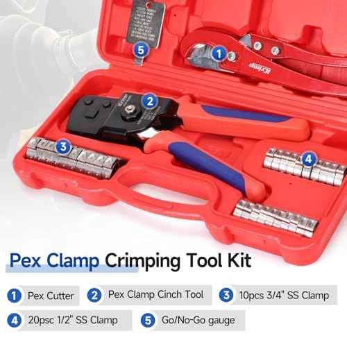 iCrimp One-Hand Crimping Tool Meets ASTM F2098, PEX Clamp Cinch Tool Kit with 20PCS 1/2-in, 10PCS 3/4-in PEX Clamps and Pipe Cutter- All in One