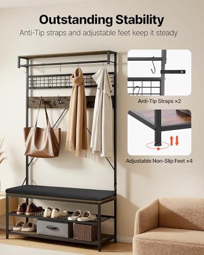 VEVOR Hall Tree with Bench and Shoe Storage, 2 Tier Entryway Bench with Coat Rack, Shoe Rack Storage Organizer with Soft Cushion, Hooks and Hanging Rod for Entryway, Hallway - size: 72" * 40"