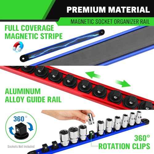 4-Piece Magnetic Socket Organizer Kit, 1/4'' 3/8'' 1/2'' Heavy Duty Socket Holder Holds 40 Clips, Aluminum Sockets Rail for Tool Box Drawer with 1/4'' Slidable Drill Bit Organizer Holds 40 Bits
