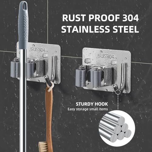 Broom Holder Wall Mount with Screws (4 Pack) Broom and Mop Organizer Wall Hanging, Anti-Slip Mop Holder Broom Hanger with Hooks, Stainless Steel Tool Rack for Garden Garage Organization - color: Silver