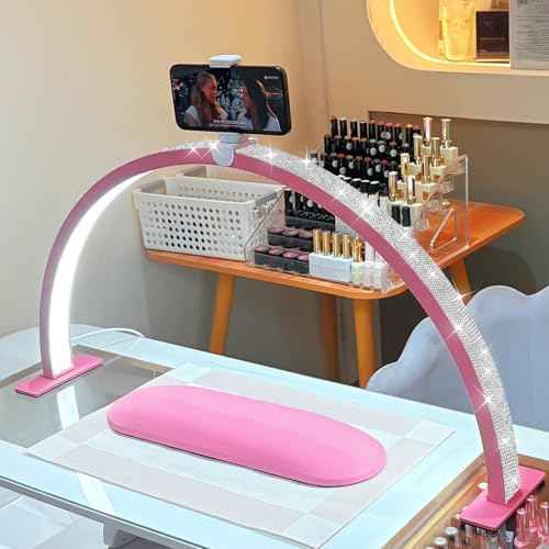 Large 29-inch Half Moon Light for Nail Desk,48W LED Light with Hand Pillow and Phone Holder, Nail Desk lamp for lash Eyelash Extension,Makeup Desk lamp,Color Temperature 3000K-6000K (Pink)