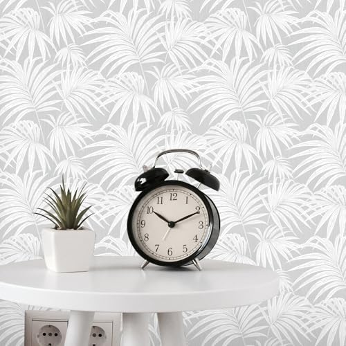 MelunMer Grey Leaf Peel and Stick Wallpaper Boho Gray Contact Paper Self Adhesive Wallpapers Removable Wallpaper for Bedroom/Bathroom Waterproof Modern Contact Paper for Cabinet Palm 78.7In L 17.3In W