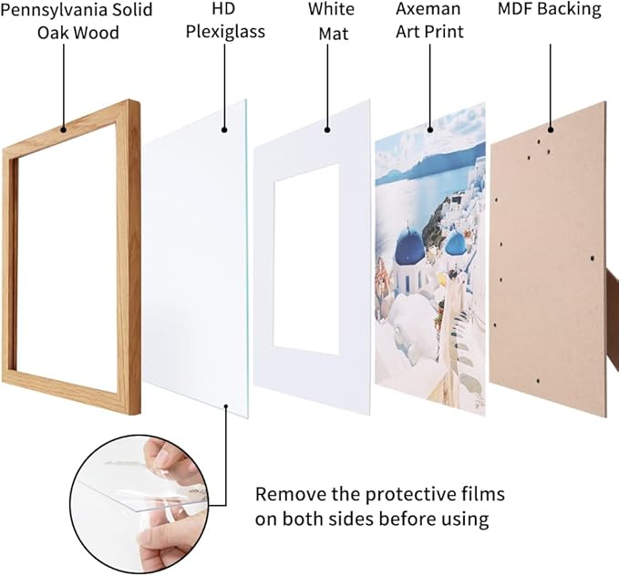 Axeman 8x8 Solid Oak Wood Frame With Mat - 8x8 Picture Frame - Plexiglass & Hanging Hardware Included - Natural