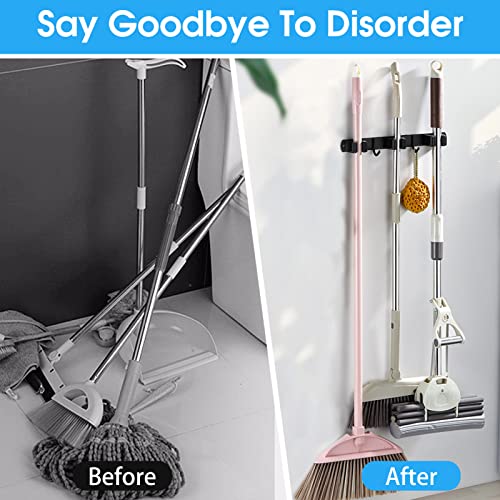 Huryfox Heavy-Duty Stainless Steel Broom Holder, Black, Wall Mount, 1-4 cm Diameter Compatible, Adjustable, 3 Racks, 2 Hooks, Space-Saving - size: 3 Racks and 2 Hooks