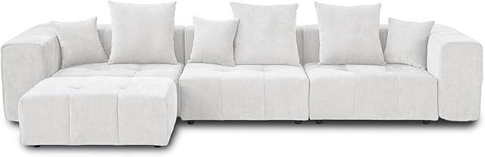 JACH 144.1 Inch L-Shaped Modular Sofas, Modern 3-Seater Couch with Chaise Ottoman, Mid Century Modern Sectional Couches, Cozy Sleeper Sofa for Apartment/Living Room (Linen Fabric, White)