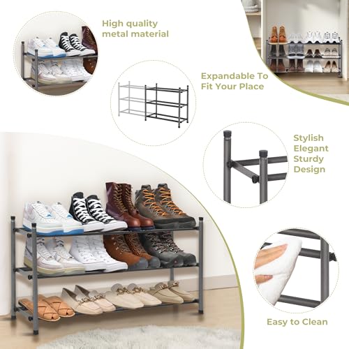 Easi 3-Tier Expandable Shoe Rack for Closet & Entryway, Adjustable 18"-33" Stackable Metal Shoe Organizer, Sturdy Free Standing Shoe Shelf for Small Space, Front Door, Cabinet - size: 3 Tier