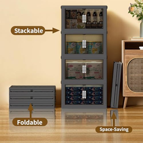 131QT 4 Tier Stackable Storage Bins with Lid & Door, 32 Gal Collapsible Plastic Storage Containers with Locking Wheel, Space Saving Foldable Organizer for Home Bedroom Office Gray 4T - size: 131Qt/32Gal-4Packs/1Top Lid