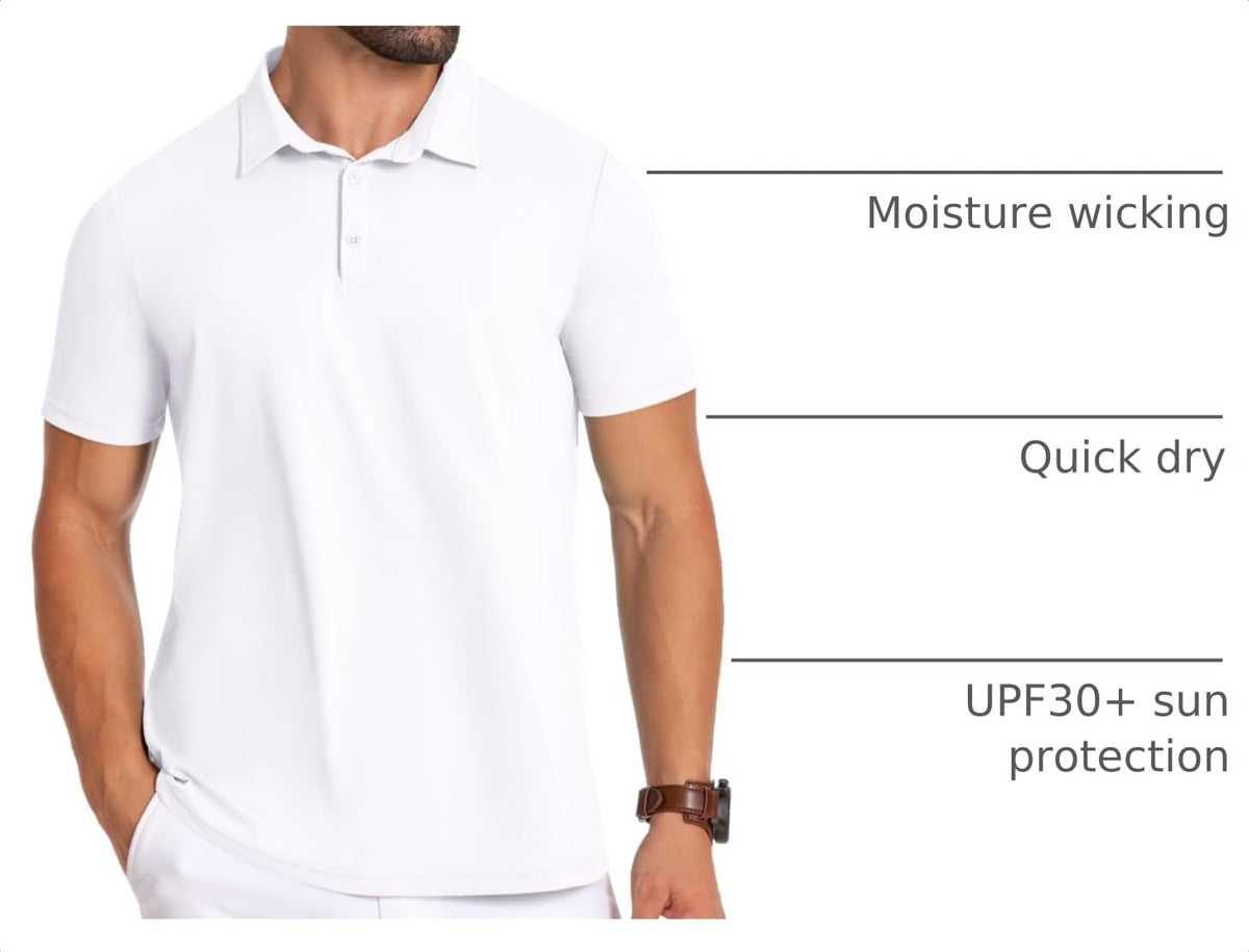 PEGENO Golf Shirts for Men Lightweight Moisture Wicking Short Sleeve Performance Dry Fit Active Mens Polo Shirts White L