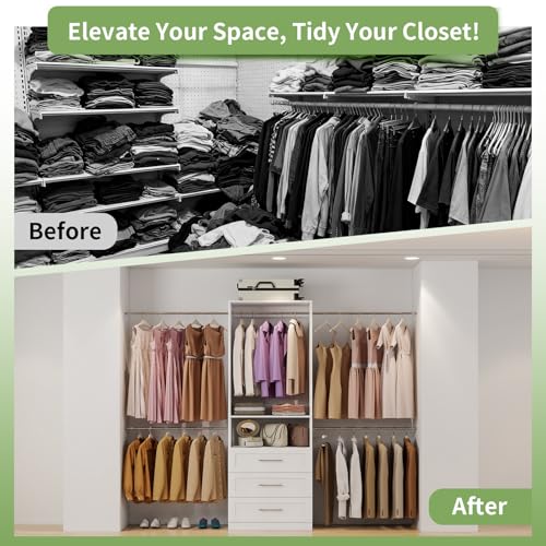 Closet System with 3 Drawers, 4–8.5 Ft Closet Organizer System with 5 Adjustable Hanging Rods & Shelves, Wood Walk-In Closet System, Built-In Modular Closet Kit, Sturdy Garment Rack, White