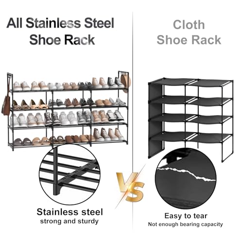 3 Row 4 Tier Long Shoe Rack, Black Metal Stackable Shoe Shelf with Multifunctional Hooks, Shoe Storage Hold 24-30 Pairs, Space Saving Shoe Organizer for Closet,Wide Shoe Rack - size: 3 Row 4 Tier