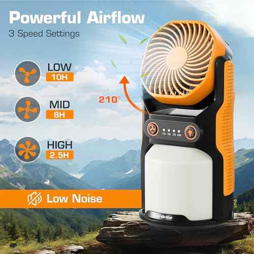 EVERBRITE Rechargeable Camping Lantern with Fan- 4400mAh Power Bank, Camping Fan with 3 Fan Speeds, Portable 1000LM Handheld Light with Hanging Hook for Summer Camping, Hiking, USB Cable Included