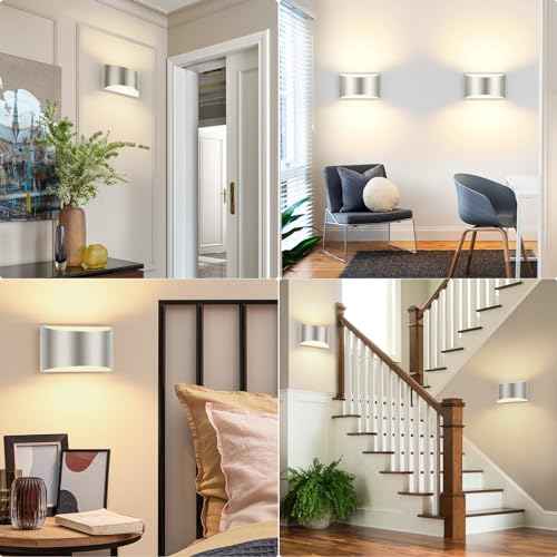 FOLKSMATE Modern LED Wall Sconces, 3000K Warm White Wall Lights Set of 2, 10W Up and Down Mount Light, Sliver Hardwired Indoor Sconces Lighting Lamp for Bedroom Bedside Hallway Living Room