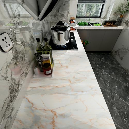 16"¡¿118" Thick Blue Gold Marble Wallpaper Peel and Stick Glossy Marble Contact Paper for Backsplash Countertops Vinyl Wrap Waterproof Faux Granite Wall Tile Sticker for Cabinets Kitchen Walls