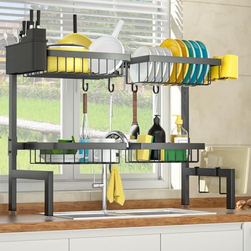 SNSLXH 4 Baskets 2-Tier Over The Sink Dish Drying Rack, 26.57"-35", Large Sink Rack for Kitchen, Extensible and Adjustable, Saving Kitchen Space - size: 2 tiers 4 baskets
