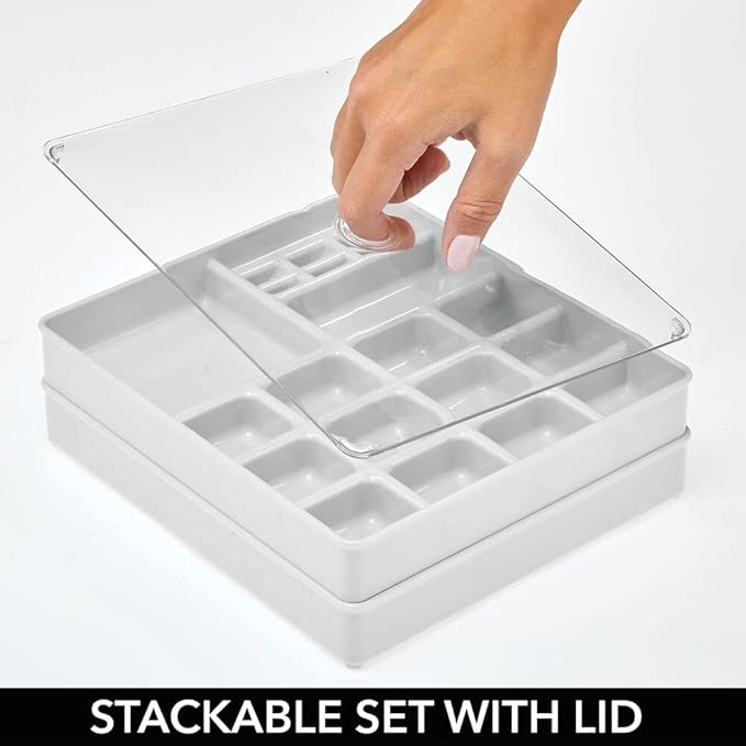 mDesign Stackable Plastic Storage Jewelry Box - 2 Organizer Trays with Lid for Drawer, Dresser, Vanity - Holds Necklaces, Bracelets, Bangles, Rings, Earrings - 3 Pieces - Light Gray/Clear