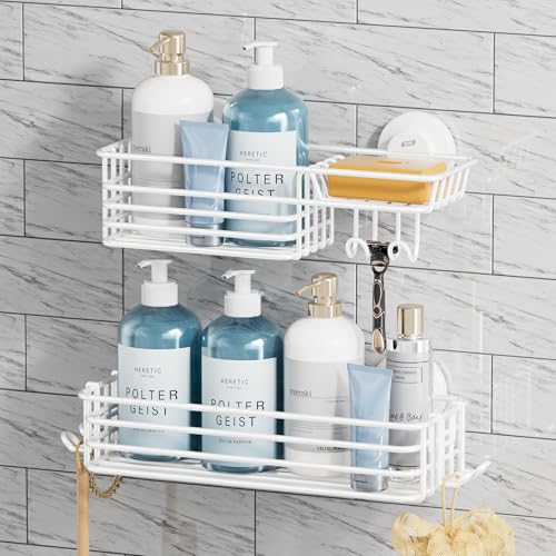 TAILI Shower Caddy Suction Cup 2 Pack with Hooks & Soap Holder, Heavy Duty Shower Organizer for Bathroom, No Drilling Bathroom Organizer with Large Capacity, Metal Storage Holder-White - style: 2 × White