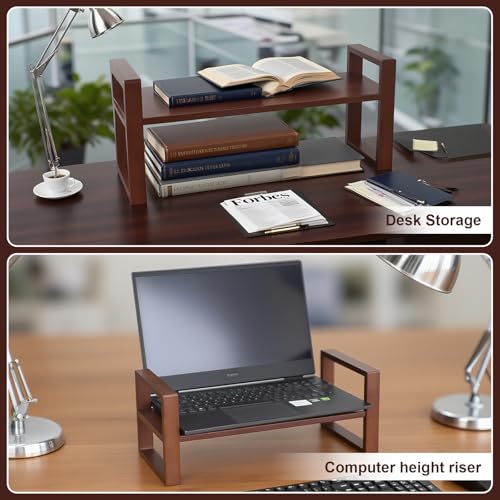 Desk Shelf, 100% Solid Wood Adjustable Desktop Bookshelf, No Tools or Nails Required Retro Tabletop Bookshelf, 130lb Load Capacity for Living Room, Office, for Books, Cookbooks, Walnut Colour - color: Walnut Colour
