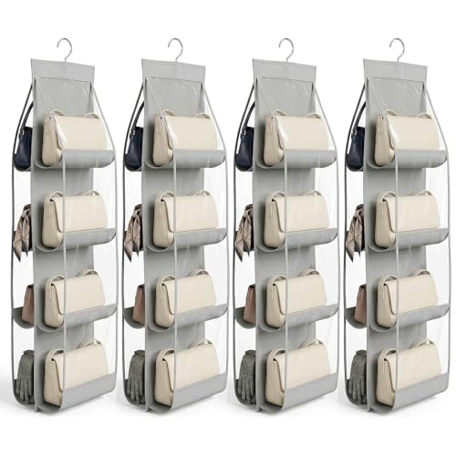 4-Pack Hanging Purse Organizer for Closet, Purse Storage Holder with 8 Clear PVC Pockets, Space Saving Handbag Hanger for Wardrobe Door Wall, Foldable Non-Woven Fabric, Gray
