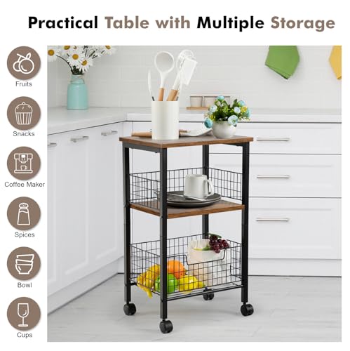 Hadulcet Small End Table, 3-Tier Side Table with Storage Basket, Industrial Style Side End Table for Living Room Bedroom Kitchen Bathroom, Rustic Brown