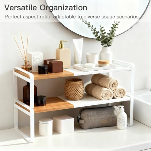 Expandable Cabinet Shelf Organizer & Spice Rack, Stackable Kitchen Counter Shelf with Anti-Slip Legs, Bamboo Cupboard Storage Riser for Dish, Plate & Canned Food (White)