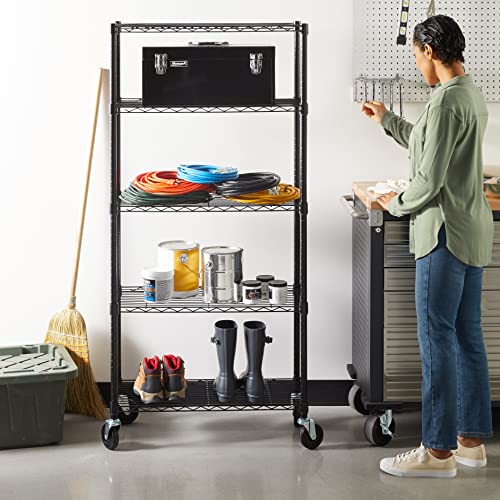 Amazon Basics 5-Shelf Heavy Duty Garage Shelving Storage Rack with 4" Wheel Casters, Adjustable Metal Wire Organizer, 300 lbs Per Shelf, 30" x 14" x 64.75", Black - color: Black