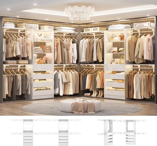 Aheaplus Closet System with Drawers Set of 2, Wood Closet Organizer System with 8 Hanging Rods & Top Shelves, Walk-in Closets Organizer Wardrobe Clothes Rack System, Cut Fits Spaces 4-9FT, White1 - color: White