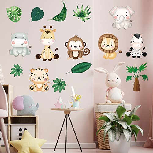 9 Sheets Baby Safari Animals Wall Stickers Jungle Animals Wall Decals Elephant Zebra Giraffe Hippo Lion Leaf Baby Nursery Decor Peel and Stick Decals Kids Bedroom Living Room Art
