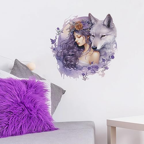 Vivid Purple Wolf Girl Wall Stickers, sacinora Creative Cold Beauty Art Wall Decals Removable Vinyl Peel and Stick for Nursery Living Room Bedroom Children's Room Decorations