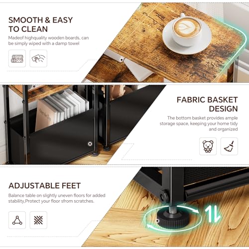 Simple Trending Side Table, 3-Tier Modern End Table with Fabric Basket, Skinny Bedside Table, Thin Nightstand for Bedroom Living Room, Rustic Brown