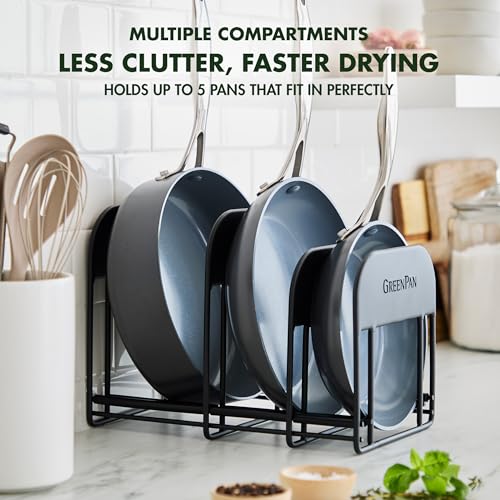 GreenPan Stainless Steel Wire Cookware Storage Rack, 5 Frying Pan Compartments, Countertop or Cabinent Organizer, Minimizes Clutter, Fast Drying, Wipes Clean, Black - size: Frying Pan Storage Rack